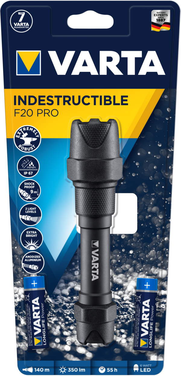 Varta Ficklampa Indestructible F20 Pro 2AA ingår.